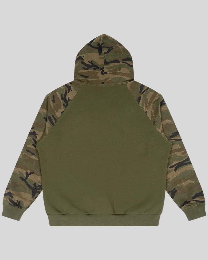 Camo Accent Hoodie in army green with green camo raglan sleeves and hood back view