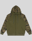 Camo Accent Hoodie in army green with green camo raglan sleeves and hood front view