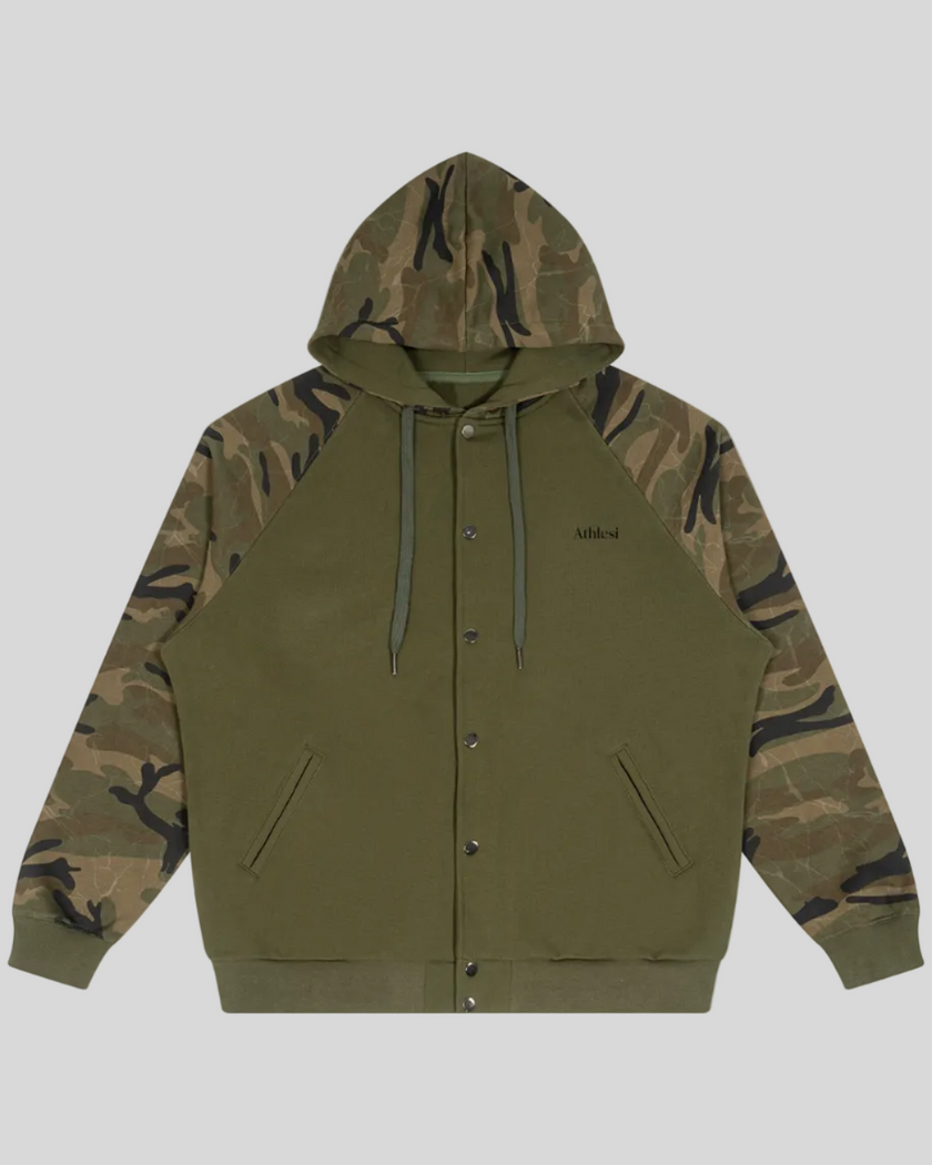 Camo Accent Hoodie in army green with green camo raglan sleeves and hood front view