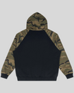 Camo Accent Hoodie in black with green camo raglan sleeves and hood back view