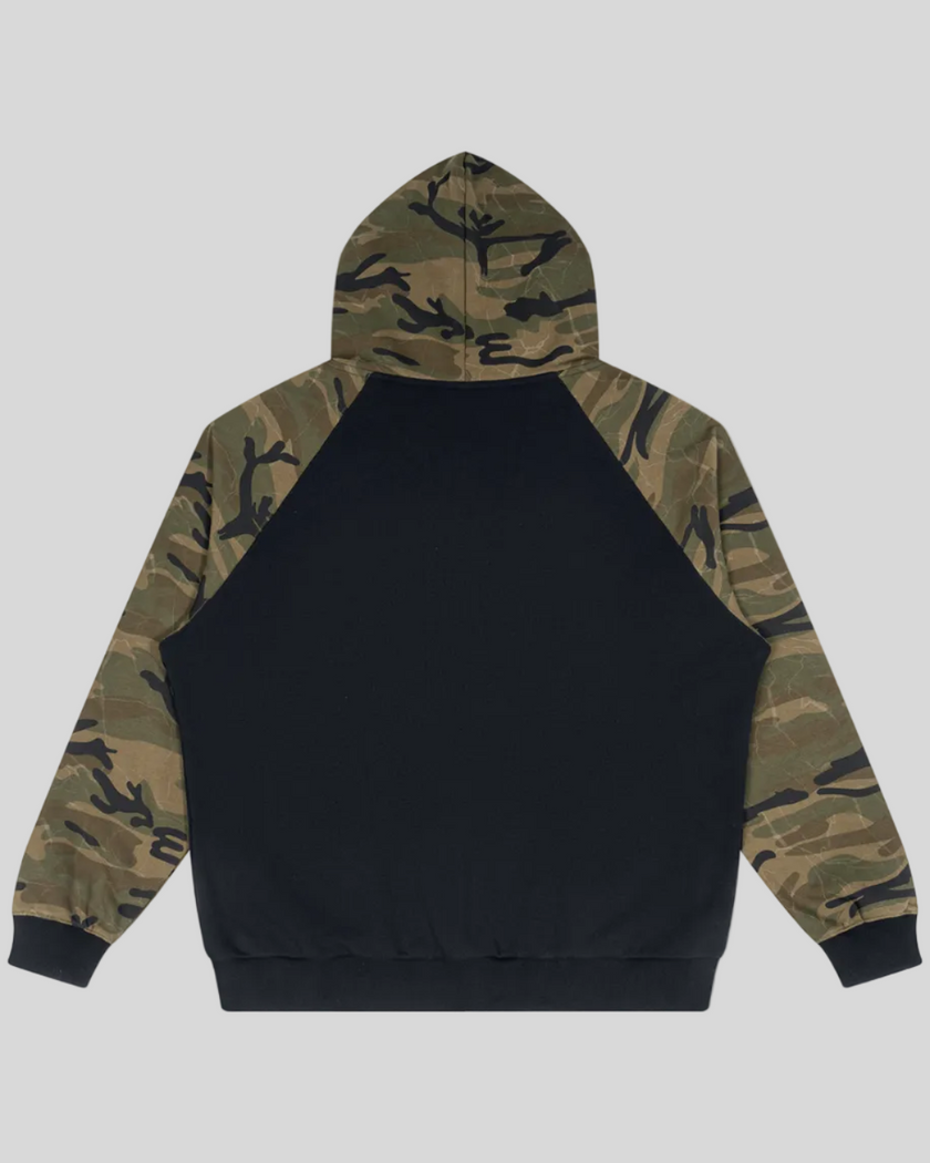 Camo Accent Hoodie in black with green camo raglan sleeves and hood back view