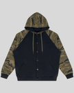 Camo Accent Hoodie in black with green camo raglan sleeves and hood front view