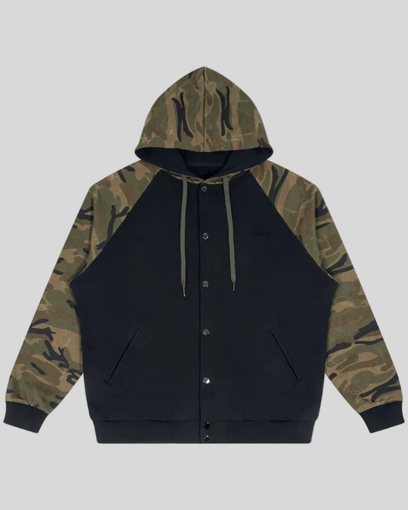 Camo Accent Hoodie in black with green camo raglan sleeves and hood front view