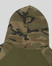 Closeup of green camo hood and raglan shoulder detail on Camo Accent Hoodie