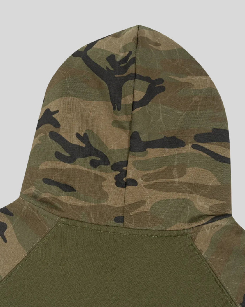 Closeup of green camo hood and raglan shoulder detail on Camo Accent Hoodie