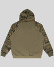 Camo Accent Hoodie in khaki with green camo raglan sleeves and hood back view