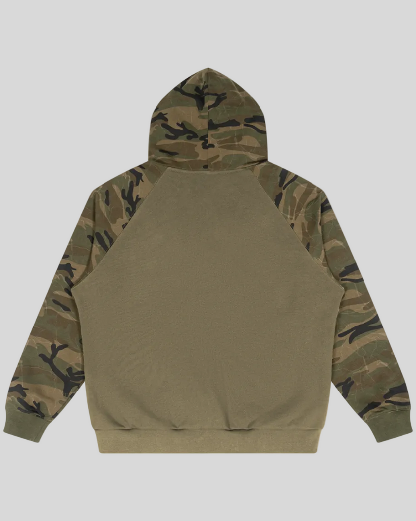 Camo Accent Hoodie in khaki with green camo raglan sleeves and hood back view