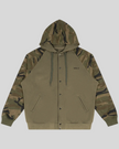 Camo Accent Hoodie in khaki with green camo raglan sleeves and hood front view