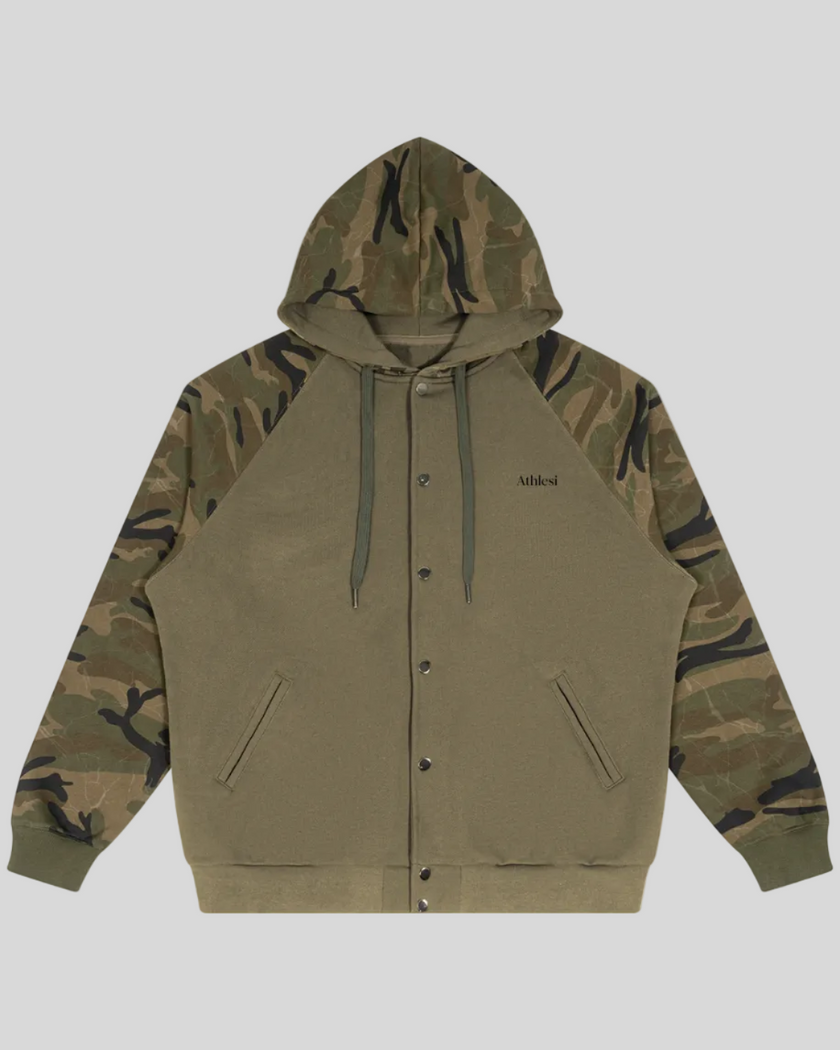 Camo Accent Hoodie in khaki with green camo raglan sleeves and hood front view