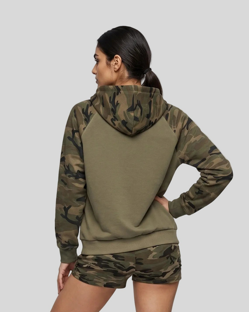 Mid body back view of woman wearing khaki Camo Accent Hoodie with green camo hood and sleeves