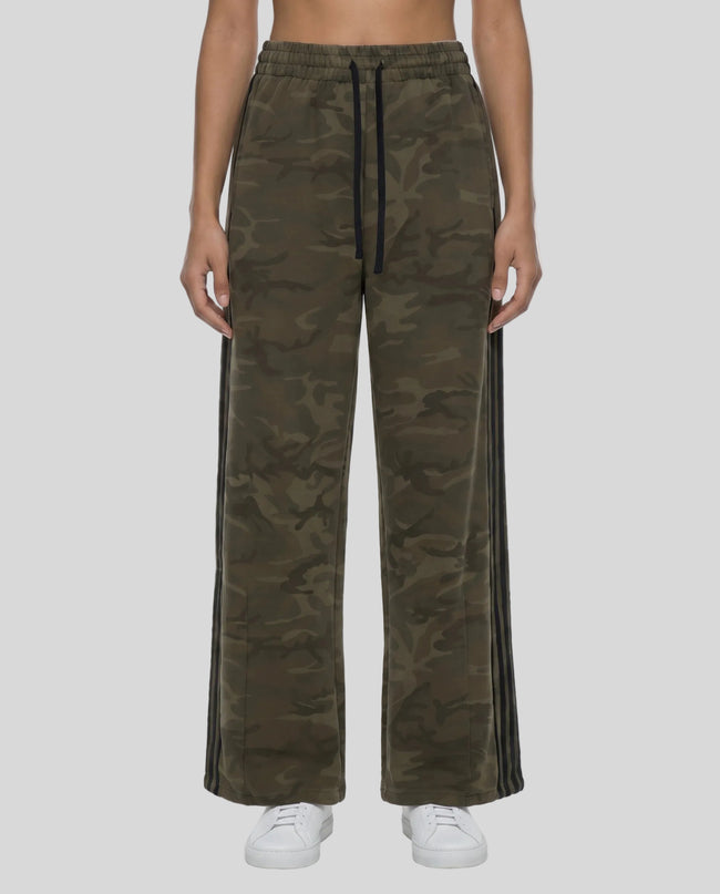 Lower body front view of woman wearing Camo Accent Pants in army green camo