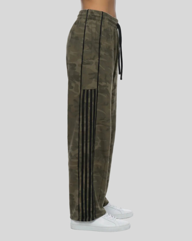 Lower body side view of woman wearing Camo Accent Pants with contrast side stripes
