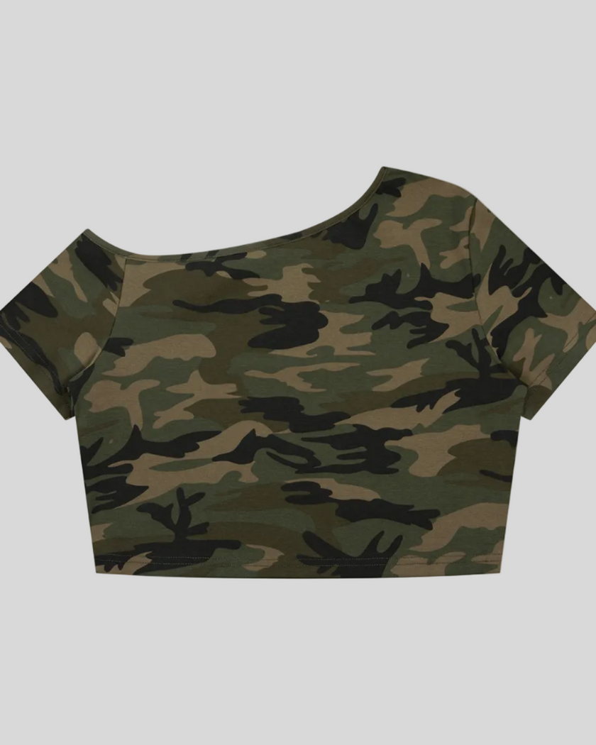 Women's Army Green Camo Off-Shoulder Crop Tee back view