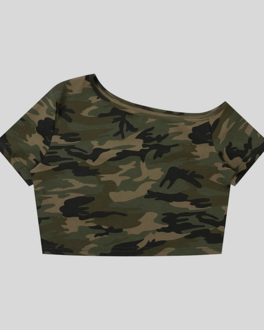 Women's Army Green Camo Off-Shoulder Crop Tee front view