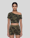 Model wearing the Army Green Camo Off-Shoulder Crop Tee front view