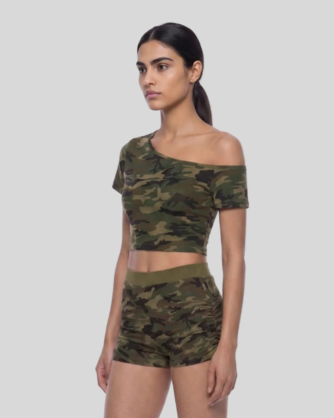 Model wearing the Army Green Camo Off-Shoulder Crop Tee left angle view