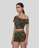 Model wearing the Army Green Camo Off-Shoulder Crop Tee left angle view