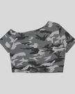 Women's Gray Camo Off-Shoulder Crop Tee back view