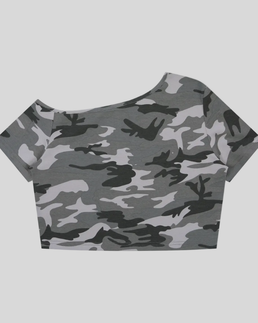 Women's Gray Camo Off-Shoulder Crop Tee back view