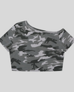 Women's Gray Camo Off-Shoulder Crop Tee front view
