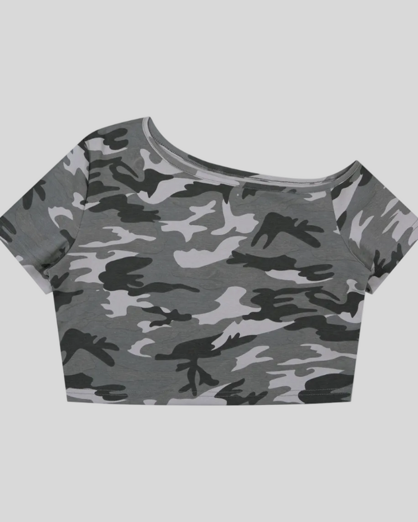 Women's Gray Camo Off-Shoulder Crop Tee front view