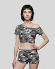 Model wearing the Gray Camo Off-Shoulder Crop Tee front view
