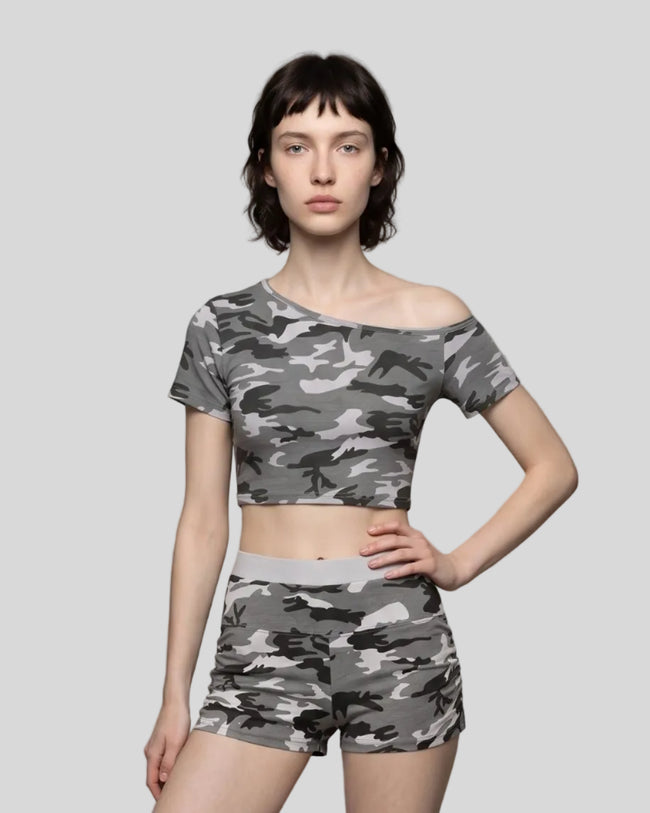 Model wearing the Gray Camo Off-Shoulder Crop Tee front view