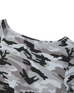 Back neckline detail of the Light Blue Camo Off-Shoulder Crop Tee