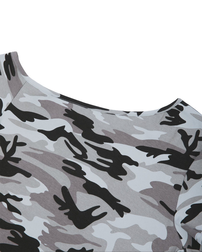 Back neckline detail of the Light Blue Camo Off-Shoulder Crop Tee