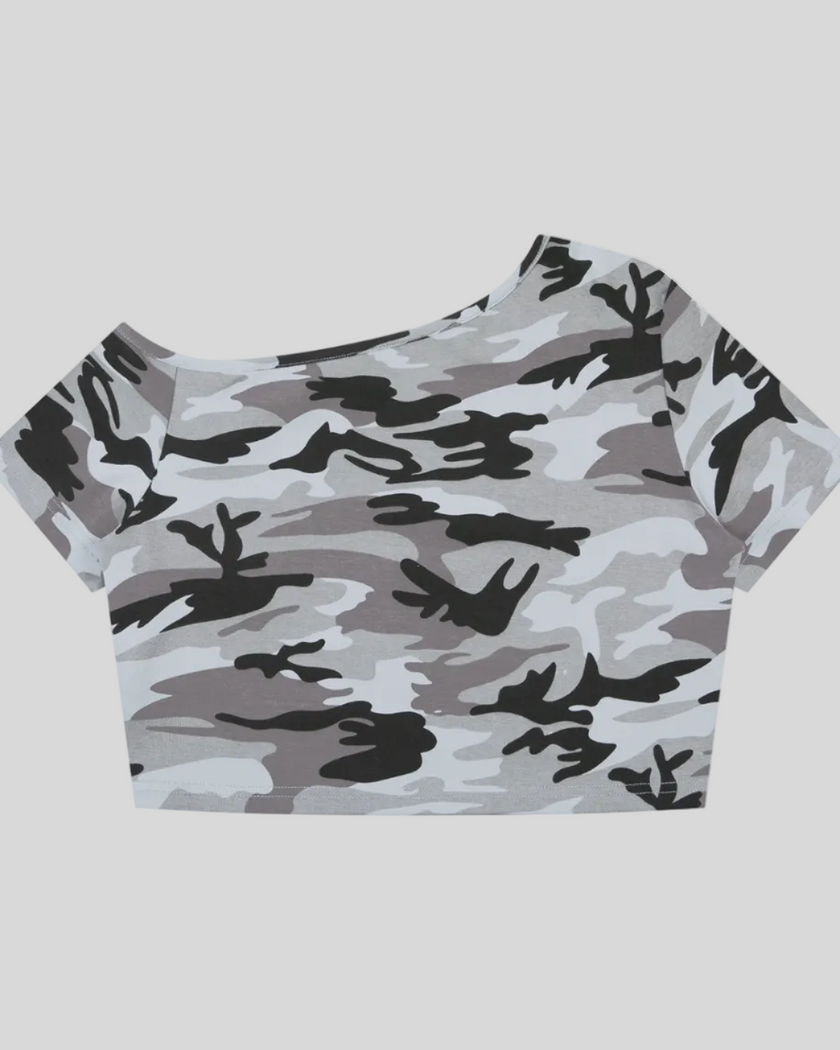 Women's Light Blue Camo Off-Shoulder Crop Tee back view
