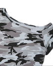 Close-up of the asymmetrical neckline on the Light Blue Camo Off-Shoulder Crop Tee