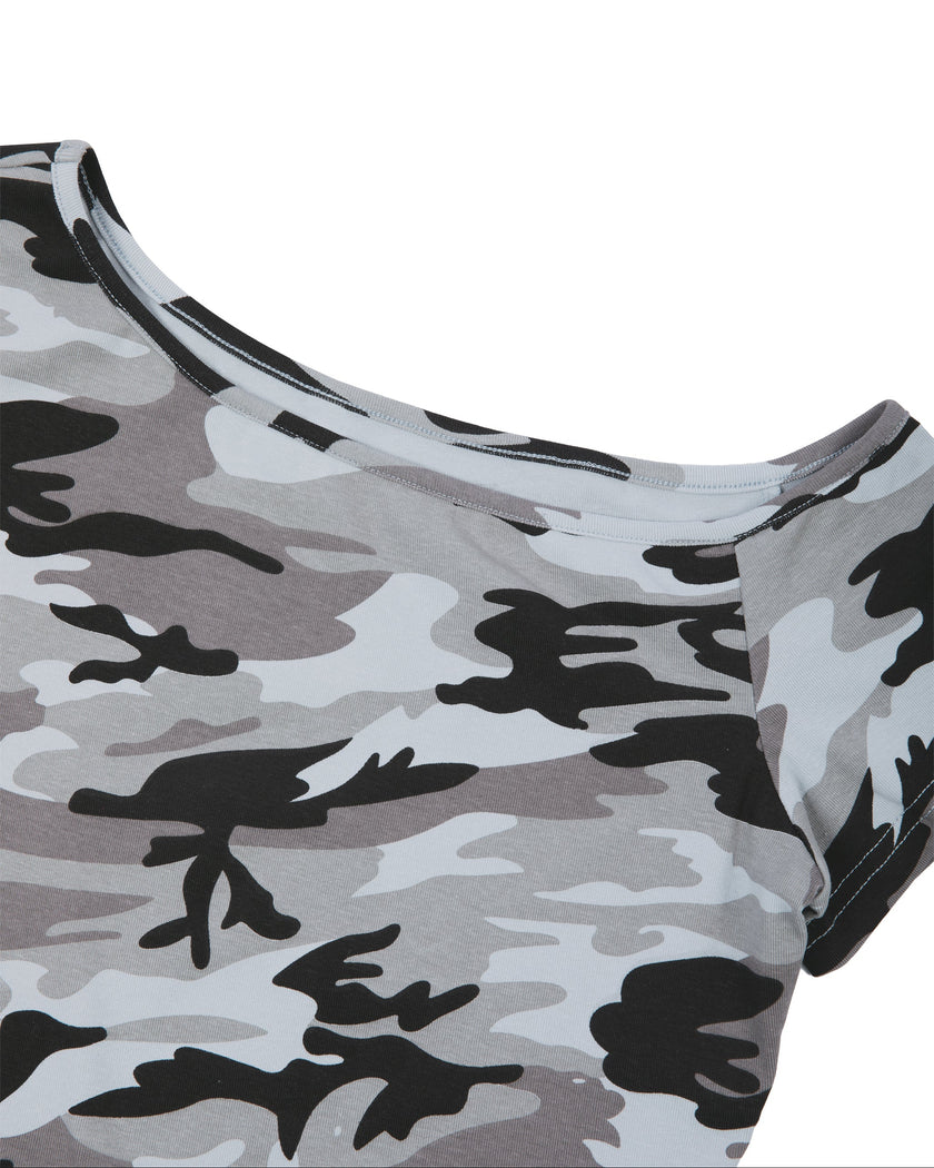 Close-up of the asymmetrical neckline on the Light Blue Camo Off-Shoulder Crop Tee