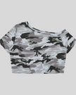 Women's Light Blue Camo Off-Shoulder Crop Tee front view