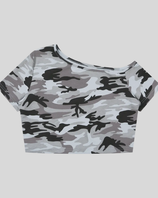 Women's Light Blue Camo Off-Shoulder Crop Tee front view