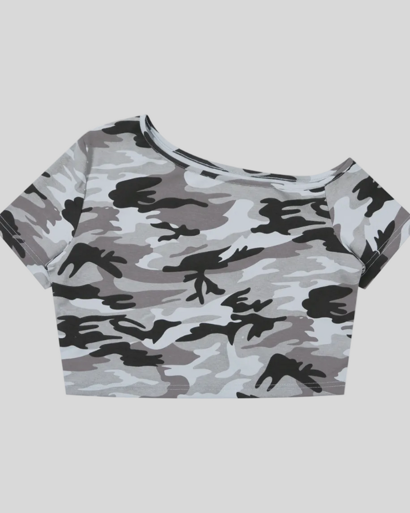 Women's Light Blue Camo Off-Shoulder Crop Tee front view