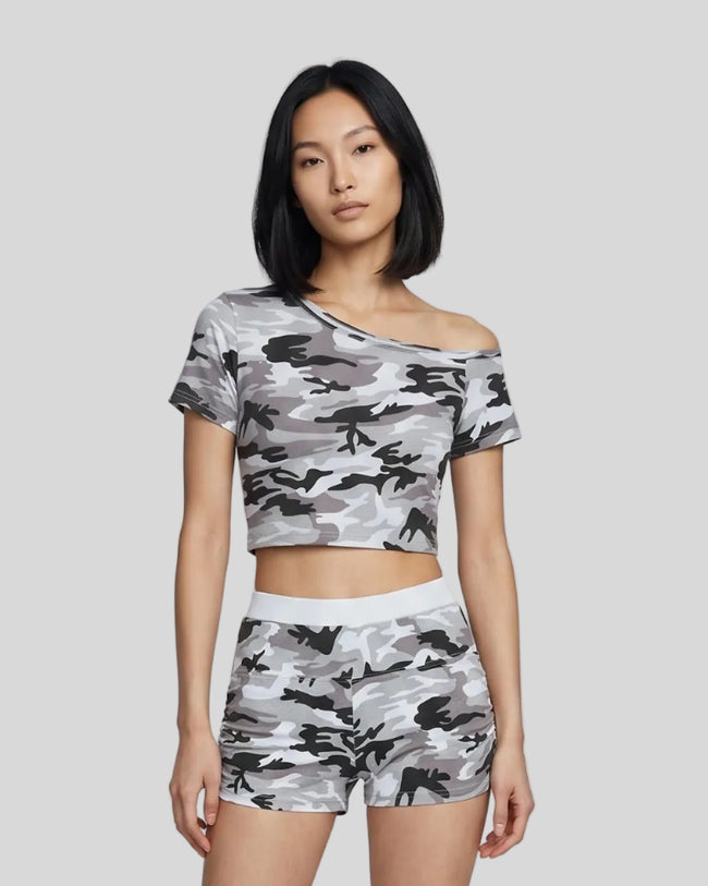 Model wearing the Light Blue Camo Off-Shoulder Crop Tee front view