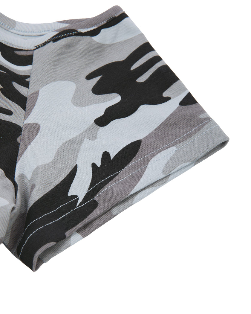 Short sleeve detail of the Light Blue Camo Off-Shoulder Crop Tee