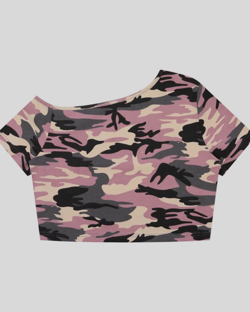 Women's Pink Camo Off-Shoulder Crop Tee back view