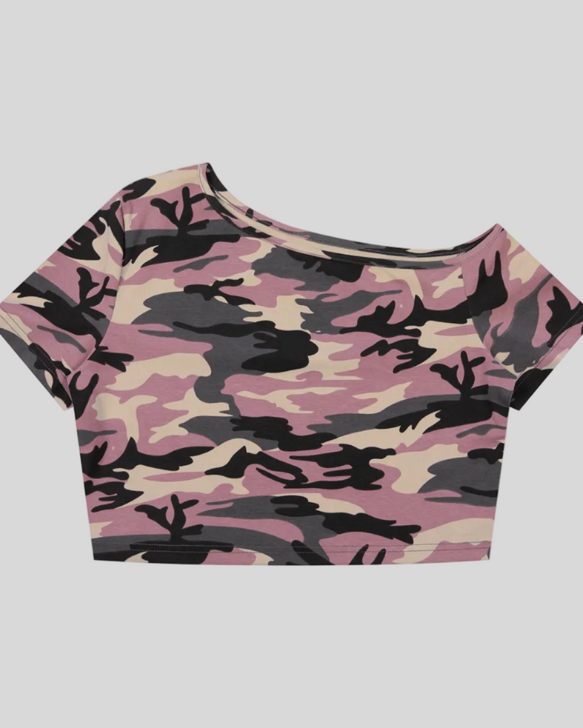Women's Pink Camo Off-Shoulder Crop Tee front view