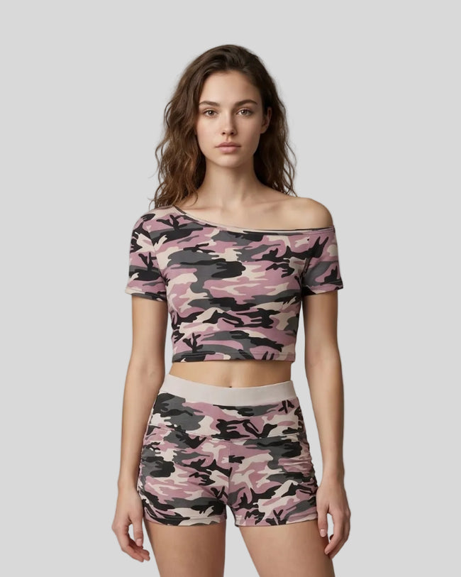 Model wearing the Pink Camo Off-Shoulder Crop Tee front view