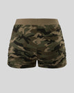 Women's camouflage slim shorts back view in Army Green Camo with elastic waistband and side ruching