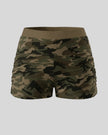 Women's camouflage slim shorts front view in Army Green Camo with elastic waistband and side ruching