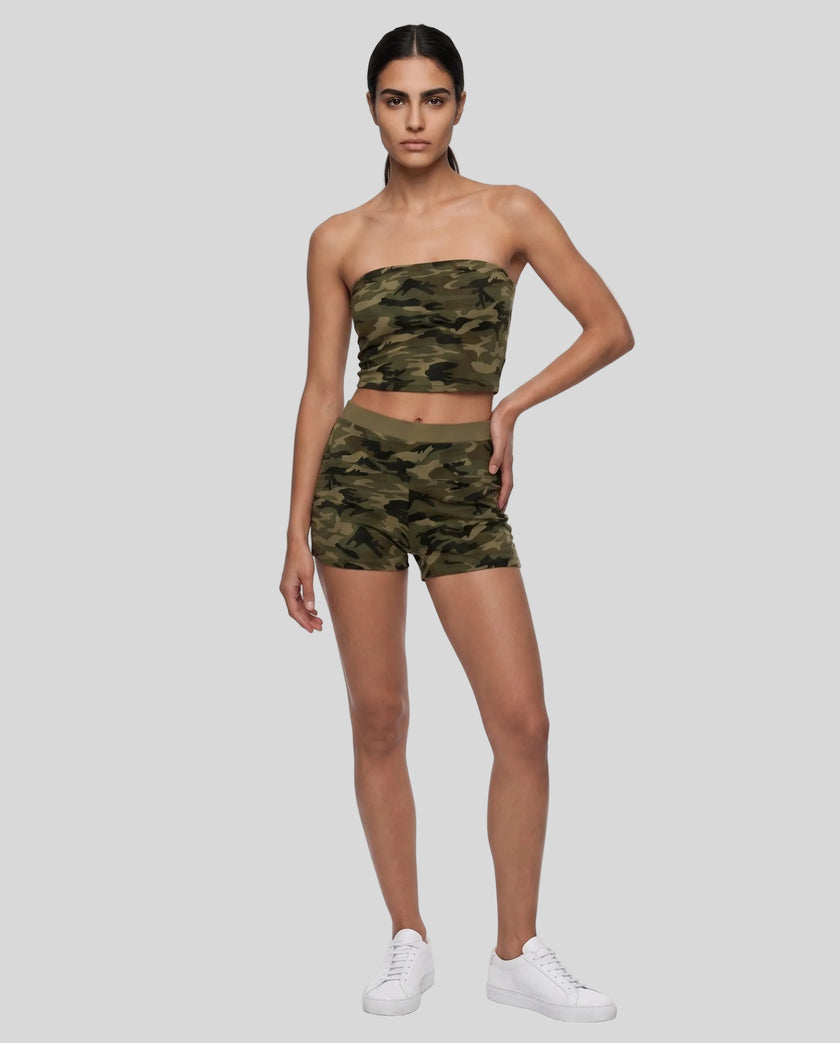 Front angle of model wearing the Army Green Camo shorts styled for everyday casual streetwear.