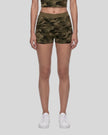 Model wearing the Army Green Camo shorts styled for everyday casual streetwear.