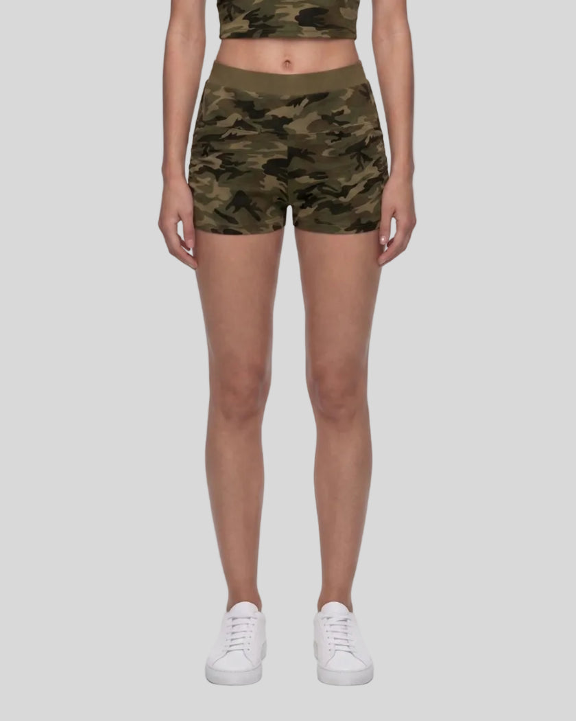 Model wearing the Army Green Camo shorts styled for everyday casual streetwear.