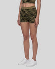 Angled view of the Army Green Camo shorts highlighting the slim fit and side ruching