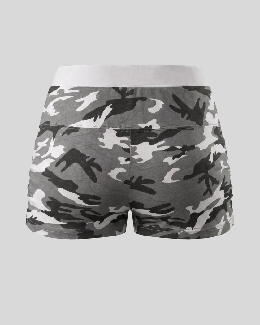 Women's camouflage slim shorts back view in Gray Camo featuring a clean silhouette and comfortable waistband