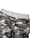Close-up of the front elastic waistband on the Gray Camo shorts