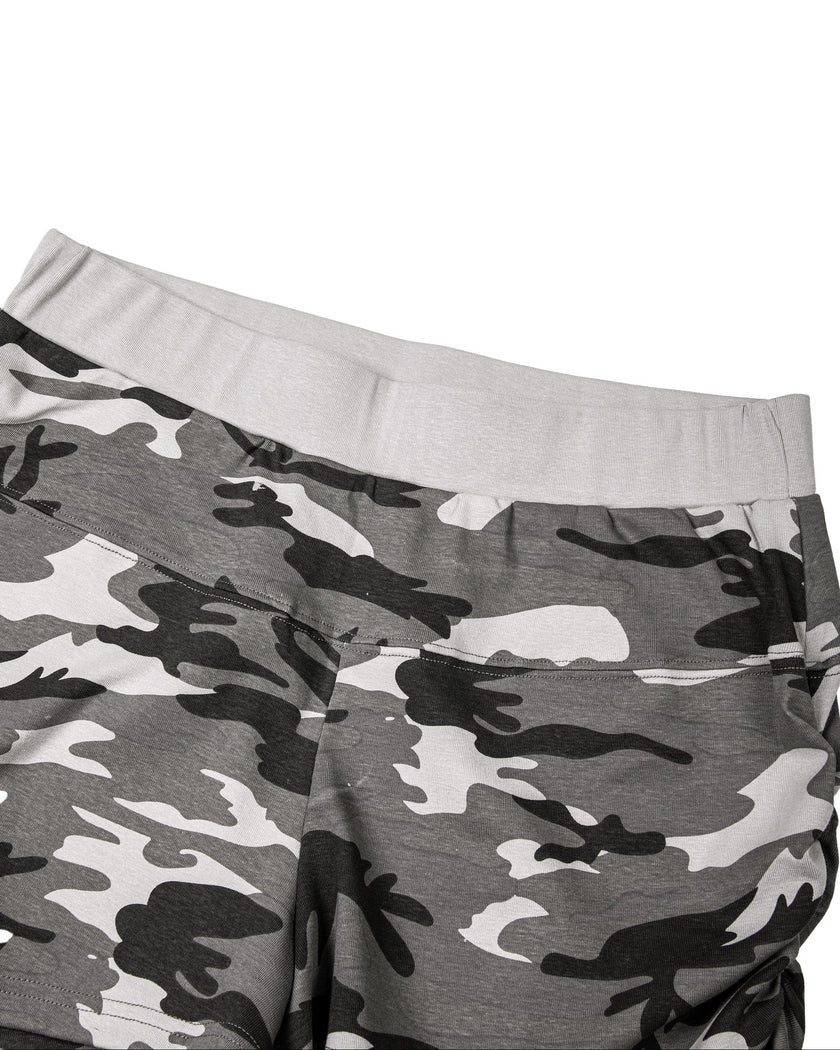 Close-up of the front elastic waistband on the Gray Camo shorts