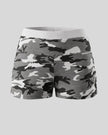 Women's camouflage slim shorts front view in Gray Camo with elastic waistband and side ruching
